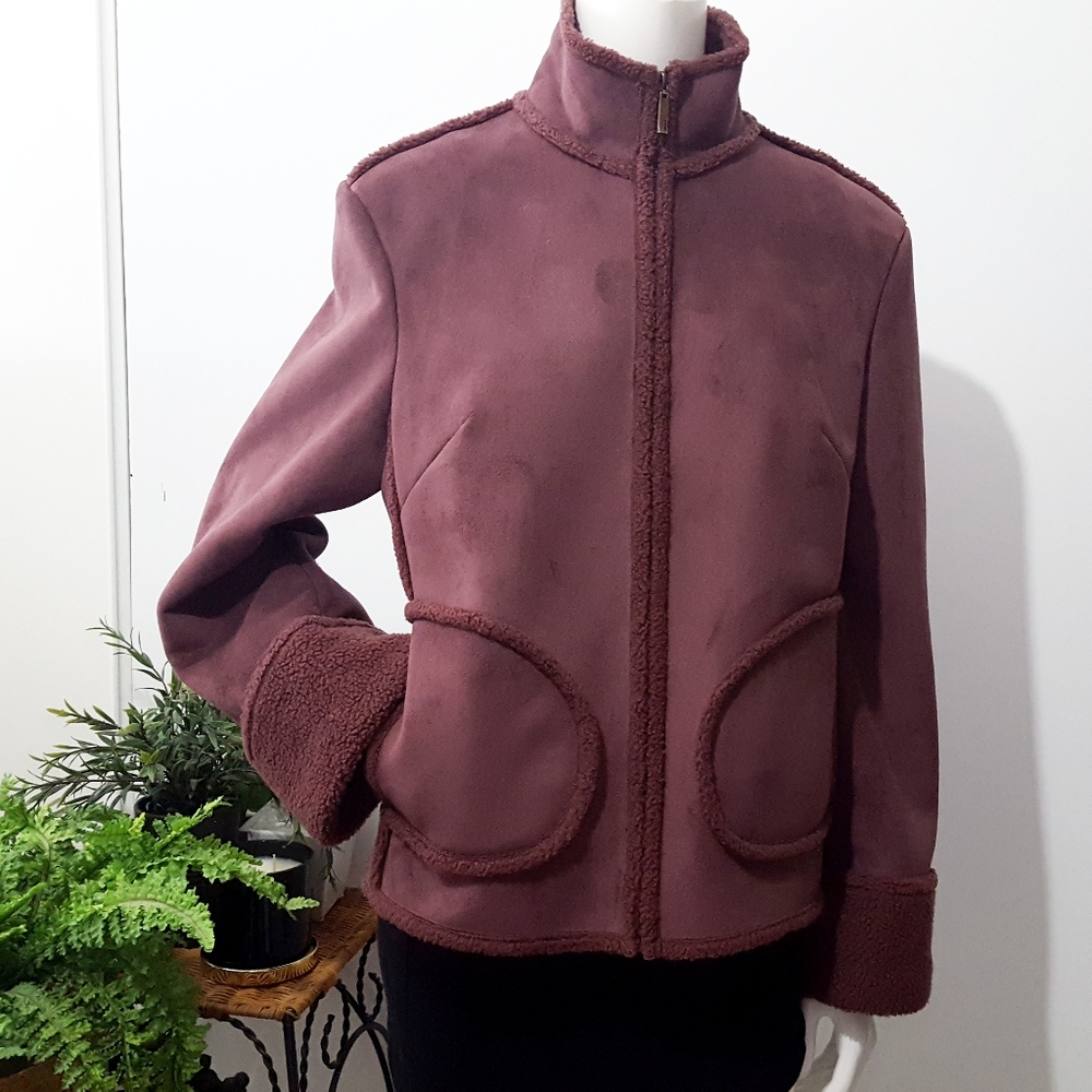 NEXT💜Plum Faux Suede Jacket Lined & Trimmed Faux Shearling Fur
